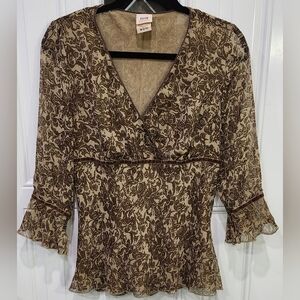 Faded Glory Y2K Boho Brown Floral Babydoll Empire Waist Blouse Women's M 8/10